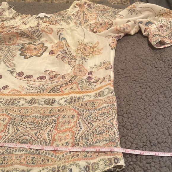 New Direction Blouse Size Large Floral Bell Sleeve Gathered Neck - Picture 9 of 11